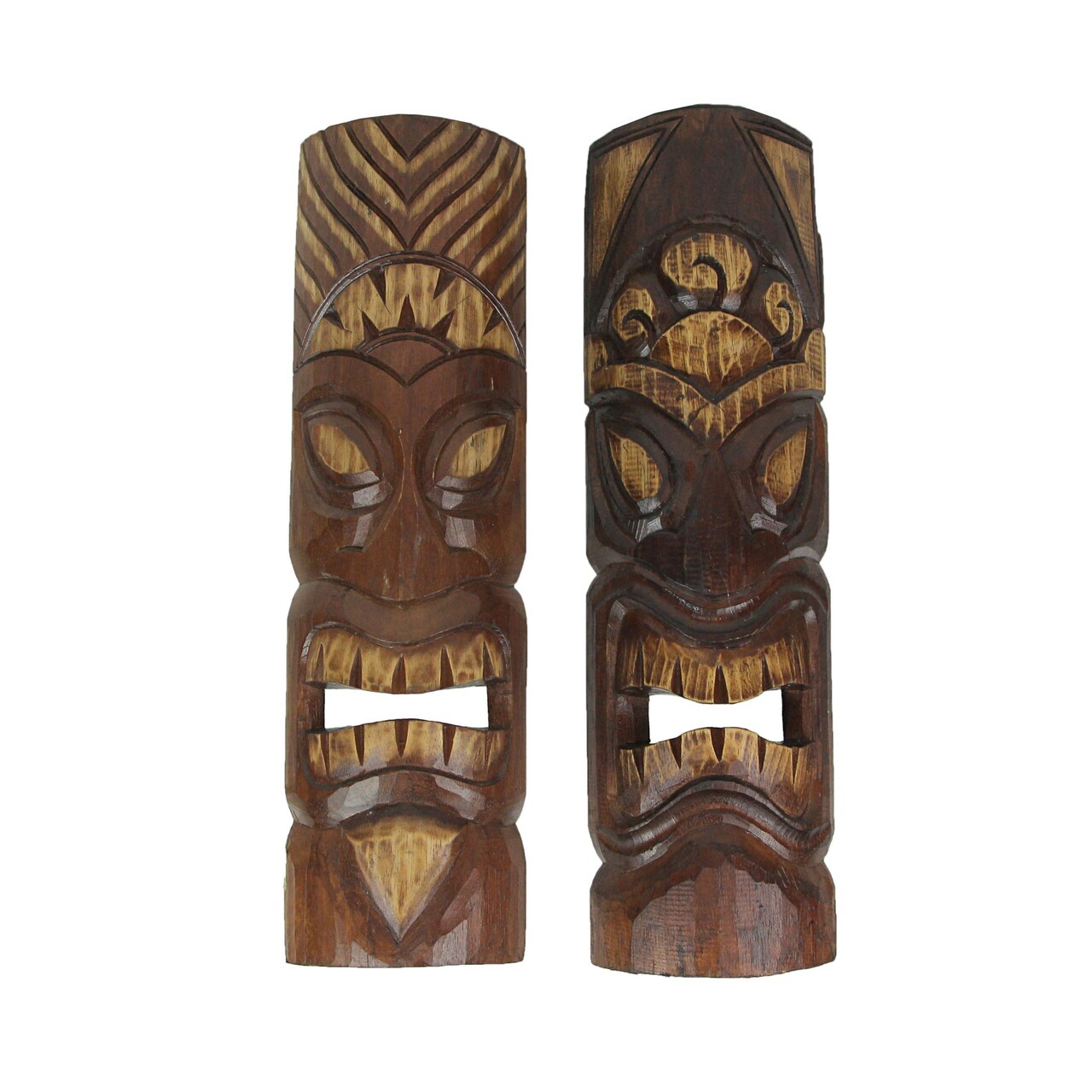 Set of 2 Hand Carved Wood Sun and Flower Polynesian Tiki Masks 20 Inches High